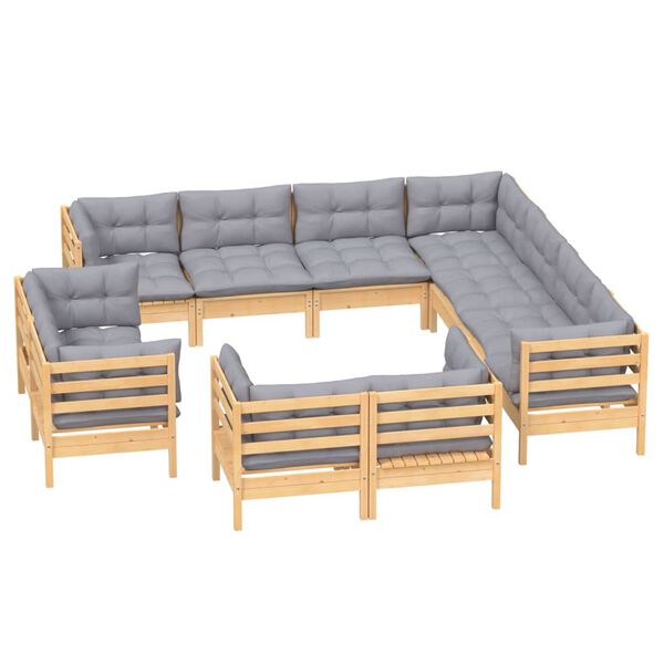 vidaXL Salon de jardin 11 pcs avec coussins gris Bois de pin solide