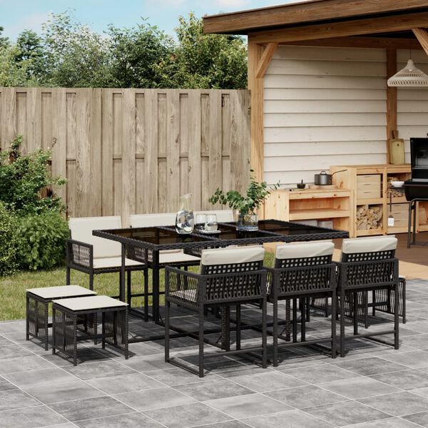 vidaXL Ensemble &agrave; manger de jardin 11 pcs coussins noir r&eacute;sine tress&eacute;e