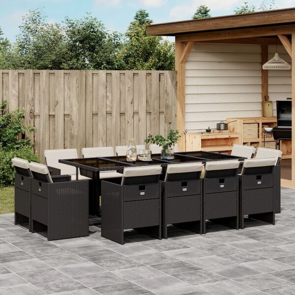vidaXL Ensemble &agrave; manger de jardin 13 pcs coussins noir r&eacute;sine tress&eacute;e