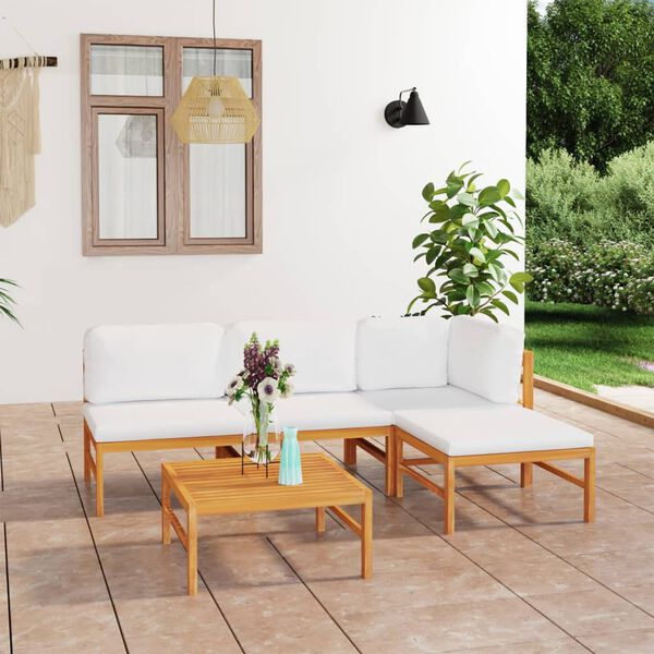 vidaXL Salon de jardin 5 pcs avec coussins cr&egrave;me Bois de teck solide