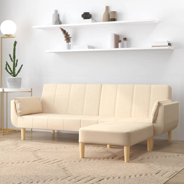 vidaXL Canap&eacute;-lit 2 places et tabouret deux oreillers Cr&egrave;me Tissu