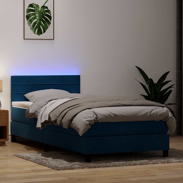 vidaXL Sommier &agrave; lattes de lit et matelas et LED bleu fonc&eacute; 90x210 cm velours