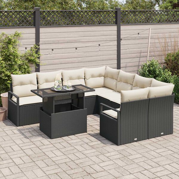 vidaXL Ensemble de canap&eacute; de jardin avec coussin 9 pcs Noir Poly rotin