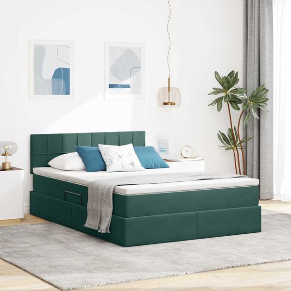 vidaXL Lit de Rangement avec matelas Vert fonc&eacute; 140 x 200 cm Velours