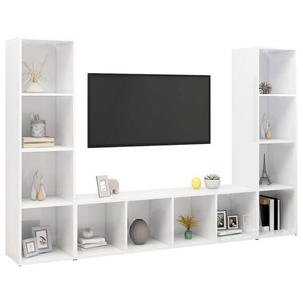 vidaXL Meubles TV 3 pcs Blanc brillant 142,5x35x36,5cm Bois ingénierie