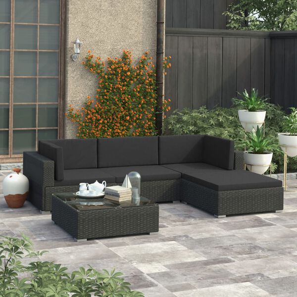 vidaXL Salon de jardin 5 pcs avec coussins R&eacute;sine tress&eacute;e Noir