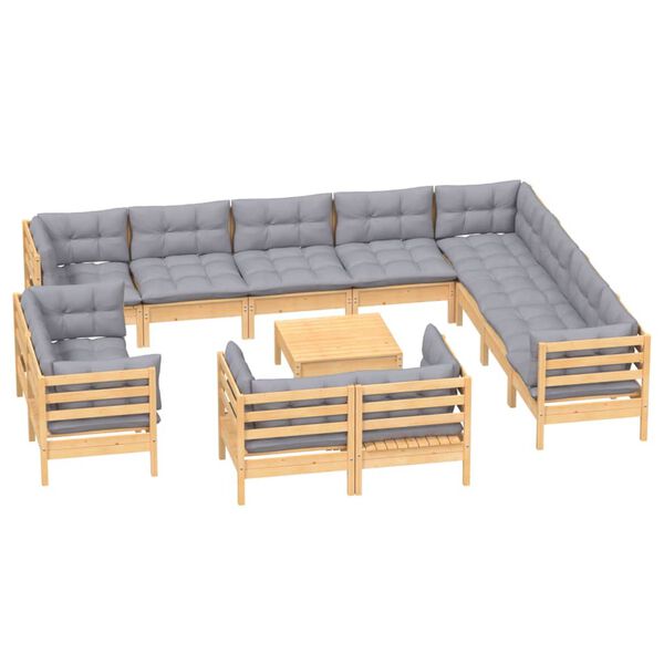 vidaXL Salon de jardin 13 pcs avec coussins gris Bois de pin solide