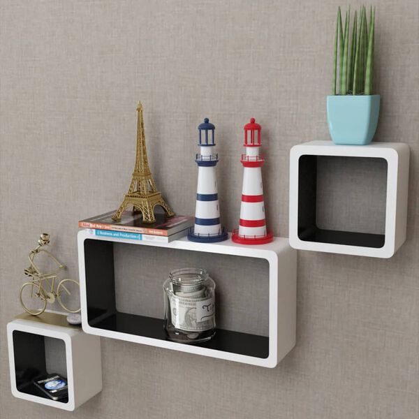 3 &Eacute;tag&egrave;res cubes murales et en MDF Blanc-Noir pour DVD/Livres