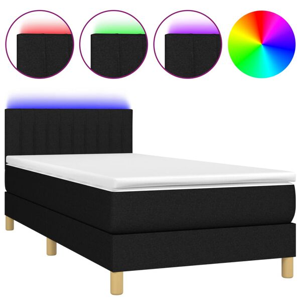 vidaXL Sommier &agrave; lattes de lit avec matelas et LED Noir 90x190cm Tissu