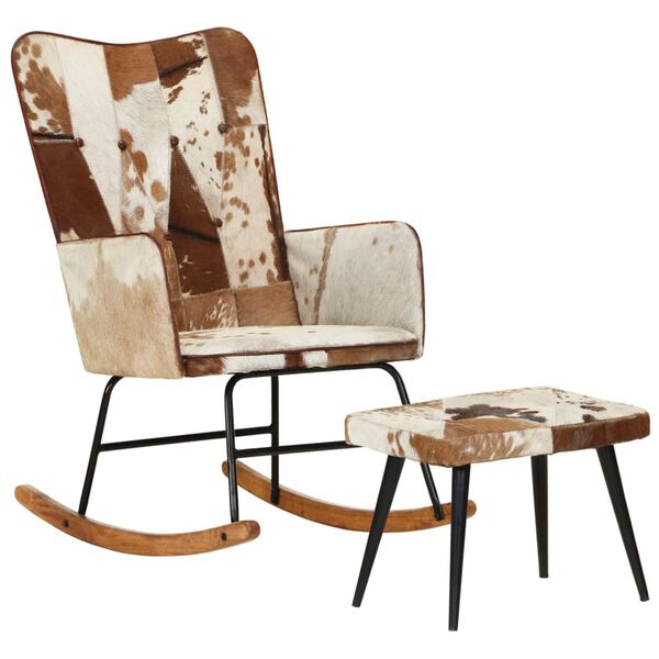 vidaXL Chaise &agrave; bascule avec repose-pied Marron Cuir v&eacute;ritable