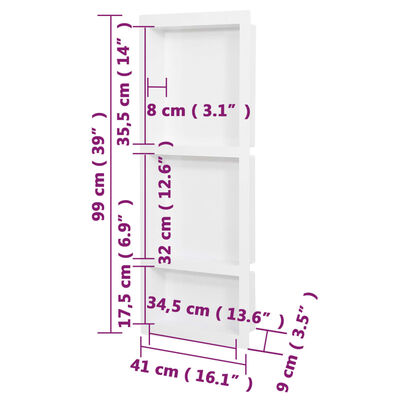 vidaXL Niche de douche avec 3 compartiments Blanc mat 41x99x9 cm