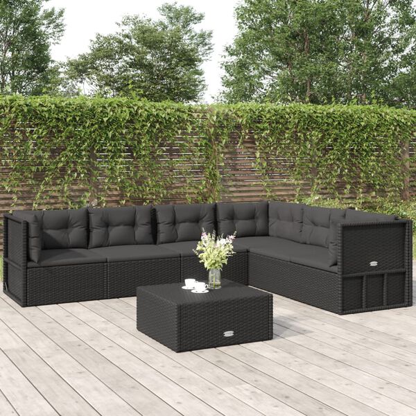 vidaXL Salon de jardin 6 pcs avec coussins Noir R&eacute;sine tress&eacute;e
