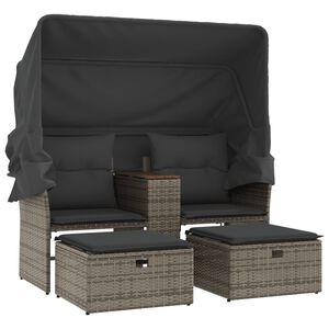 vidaXL Canap&eacute; de jardin 2 places avec auvent et tabourets gris rotin