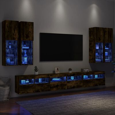 vidaXL Ensemble de meubles TV muraux 7 pcs et lumières LED chêne fumé