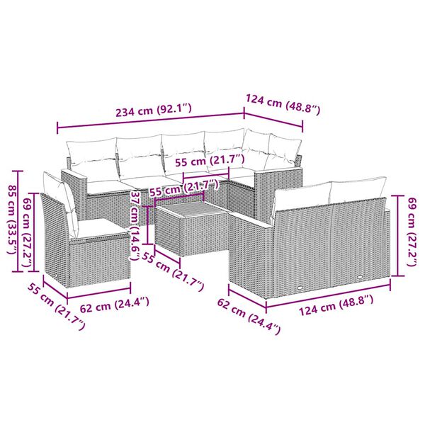 vidaXL Salon de jardin 9 pcs avec coussins noir r&eacute;sine tress&eacute;e