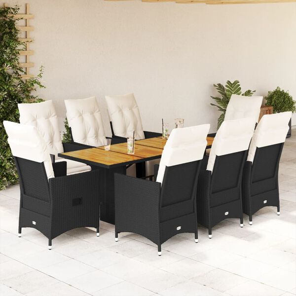 vidaXL Ensemble &agrave; manger de jardin 9pcs coussins noir r&eacute;sine tress&eacute;e