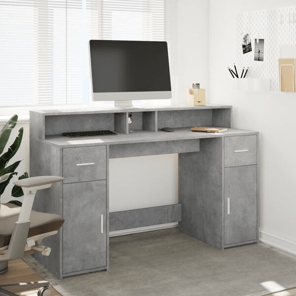 vidaXL Bureau et lumi&egrave;res LED gris b&eacute;ton 140x55x91cm bois d'ing&eacute;nierie