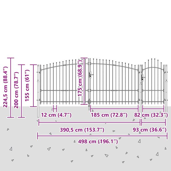 vidaXL Porte de Jardin avec verrouillage Gris 175 x 400 cm Acier
