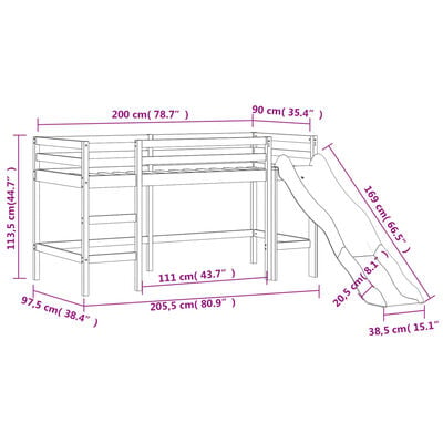 vidaXL Lit mezzanine d'enfants sans matelas avec toboggan 90x200 cm