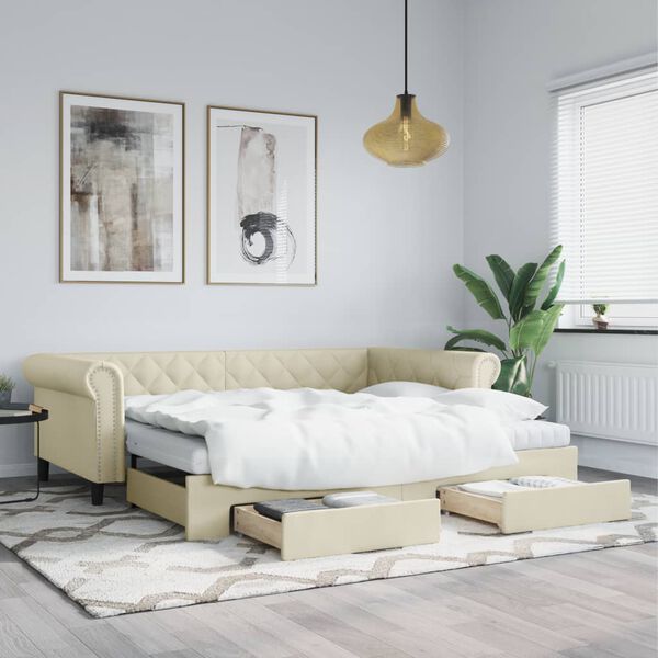 vidaXL Lit de jour avec gigogne et tiroirs cr&egrave;me 90x200 cm similicuir