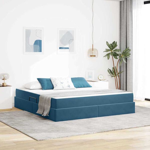 vidaXL Lit avec rangement et matelas Bleu fonc&eacute; 180 x 200 cm Velours