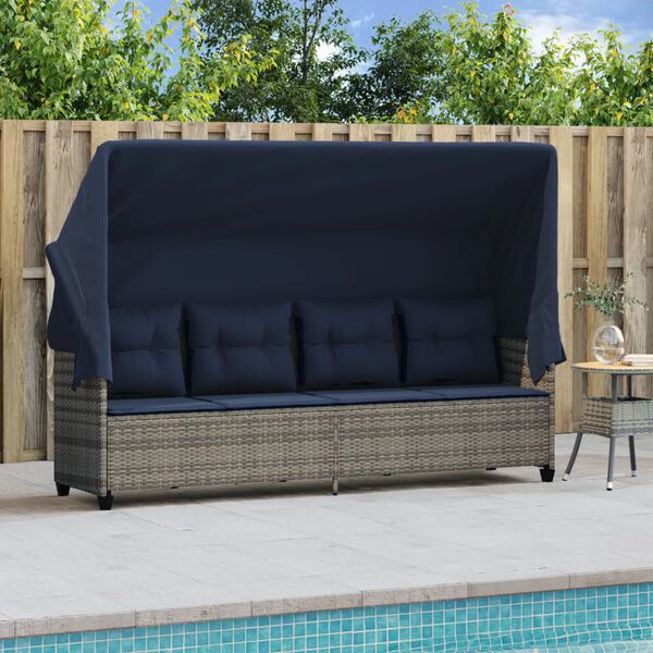 vidaXL Chaise longue avec auvent et coussins gris r&eacute;sine tress&eacute;e