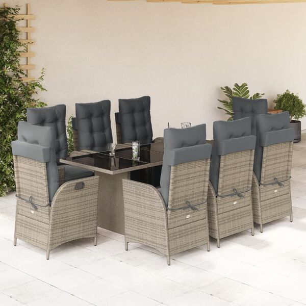 vidaXL Ensemble &agrave; manger de jardin 9 pcs coussins gris r&eacute;sine tress&eacute;e