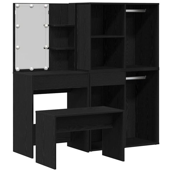 vidaXL Ensemble de table de maquillage avec LED 4 pcs Ch&ecirc;ne noir