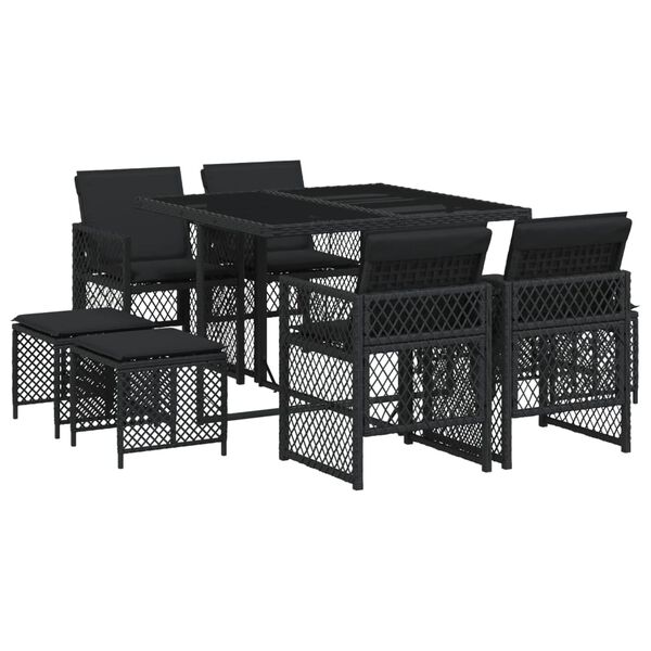 vidaXL Ensemble &agrave; manger de jardin 9pcs coussins noir r&eacute;sine tress&eacute;e
