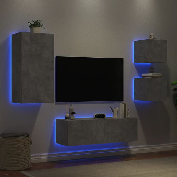 vidaXL Meuble TV muraux 4 pcs avec lumi&egrave;res LED gris b&eacute;ton