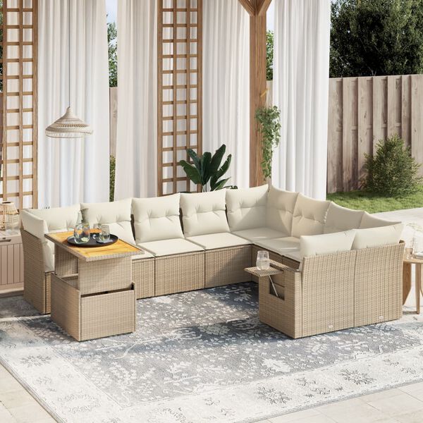 vidaXL Salon de jardin avec coussins 10 pcs beige résine tressée