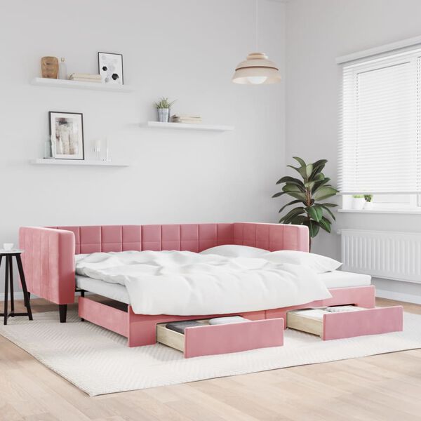 vidaXL Lit de jour avec gigogne et tiroirs rose 100x200 cm velours