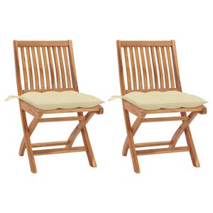 vidaXL Chaises pliantes (lot de 2) avec coussins blanc cr&egrave;me, en bois de teck massif
