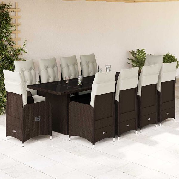 vidaXL Ensemble de bistro de jardin 11 pcs coussins marron poly rotin
