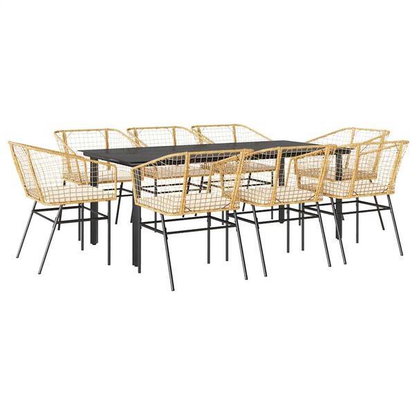 vidaXL Ensemble à manger jardin coussins 9pcs marron poly rotin verre