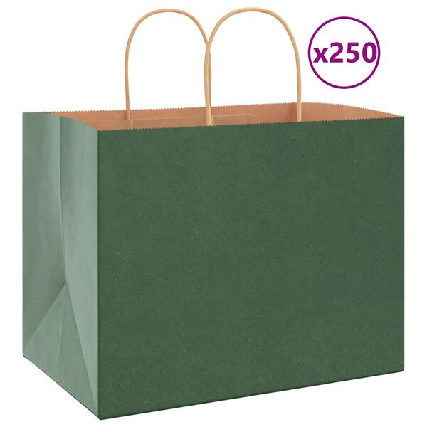 vidaXL Sacs en papier 250 pcs avec poign&eacute;es vert 32x22x24 cm