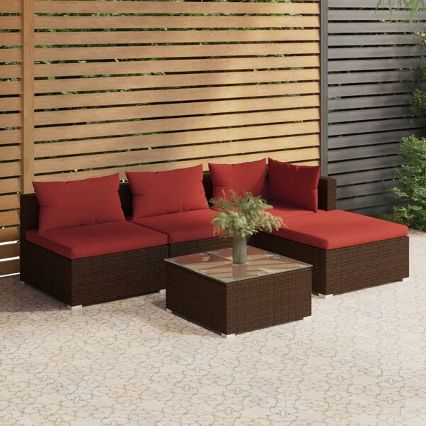 vidaXL Salon de jardin 5 pcs avec coussins R&eacute;sine tress&eacute;e Marron