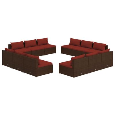 vidaXL Salon de jardin 12 pcs avec coussins Résine tressée Marron