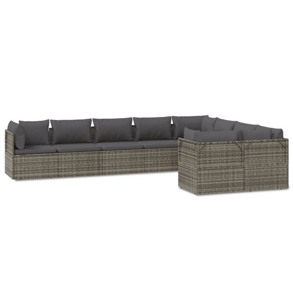vidaXL Salon de jardin 9 pcs avec coussins Gris R&eacute;sine tress&eacute;e