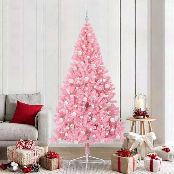 vidaXL Sapin de No&euml;l artificiel pr&eacute;-&eacute;clair&eacute; Rose 210 cm PVC