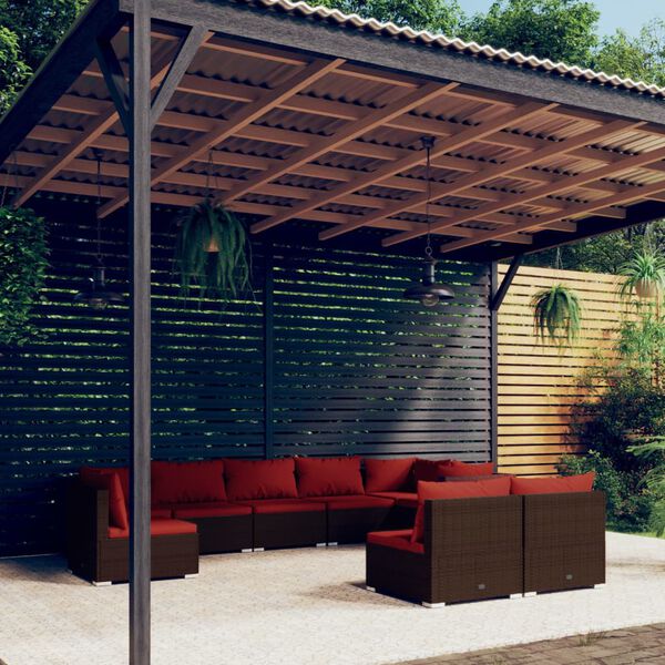 vidaXL Salon de jardin 9 pcs avec coussins r&eacute;sine tress&eacute;e marron