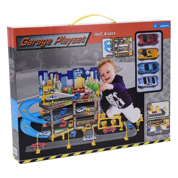 Tender Toys Jeu de garage avec 4 voitures jouets 62x31x33 cm gris/bleu