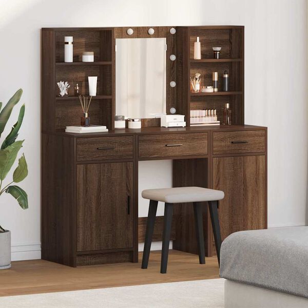 Ensemble de coiffeuse 3 pi&egrave;ces en bois d'ing&eacute;nierie ch&ecirc;ne brun