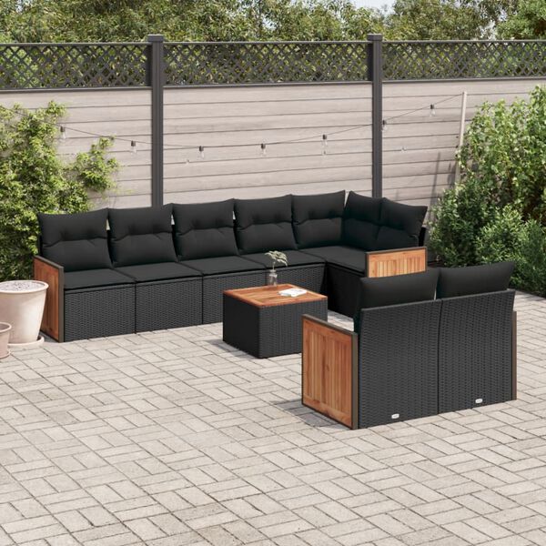 vidaXL Salon de jardin 9 pcs avec coussins noir r&eacute;sine tress&eacute;e