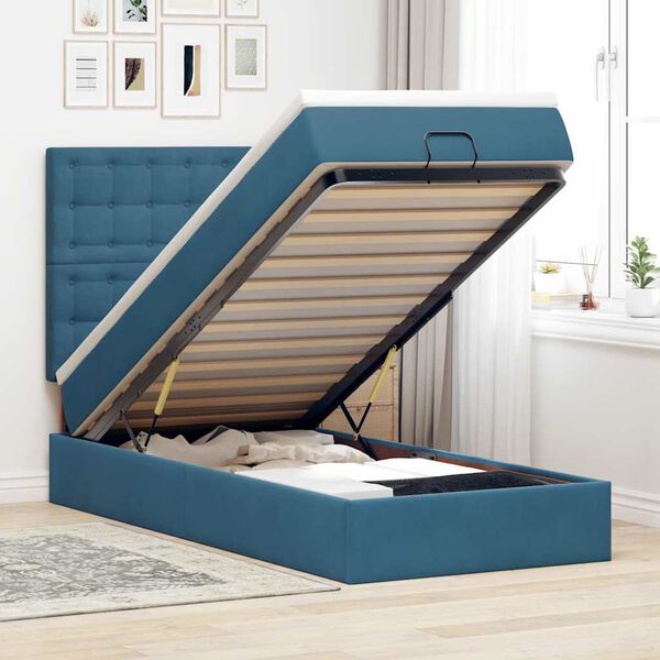 vidaXL Cadre de lit ottoman avec matelas bleu fonc&eacute; 100x200 cm velours