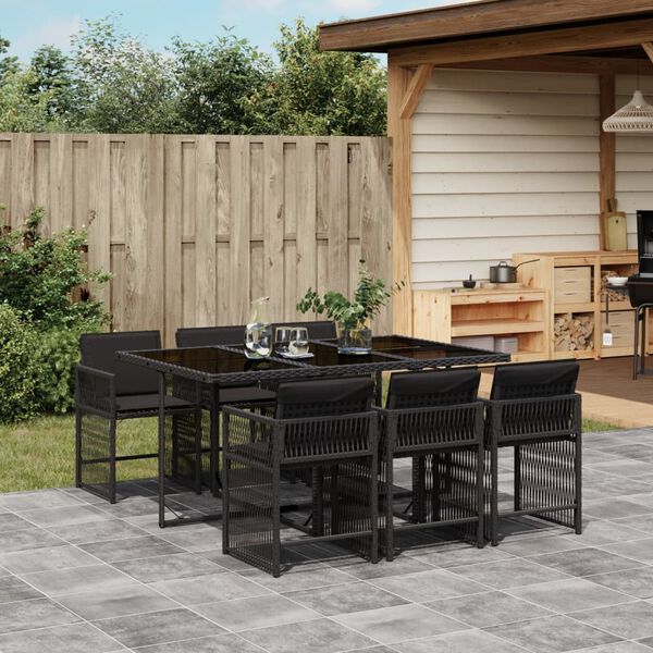 vidaXL Ensemble &agrave; manger de jardin coussins 7pcs Noir R&eacute;sine tress&eacute;e
