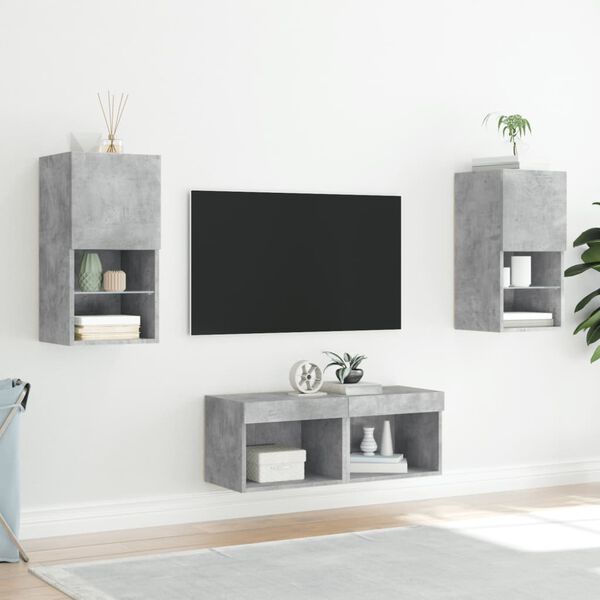 vidaXL Meuble TV muraux 4 pcs avec lumi&egrave;res LED gris b&eacute;ton