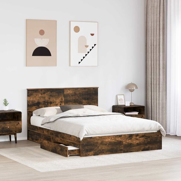 vidaXL Lit de Rangement Ch&ecirc;ne fum&eacute; 135 x 190 cm Bois d'ing&eacute;nierie