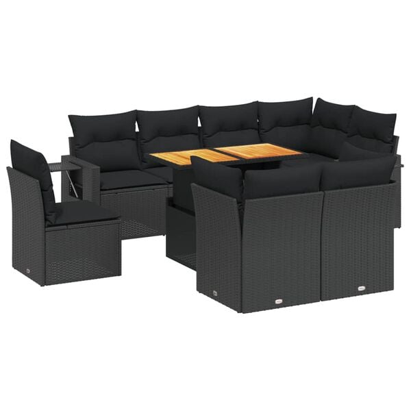 vidaXL Salon de jardin 9 pcs avec coussins noir r&eacute;sine tress&eacute;e
