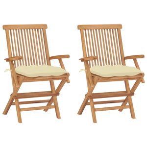 vidaXL Chaises pliantes avec coussins blanc cr&egrave;me, 2 pi&egrave;ces, en bois de teck massif